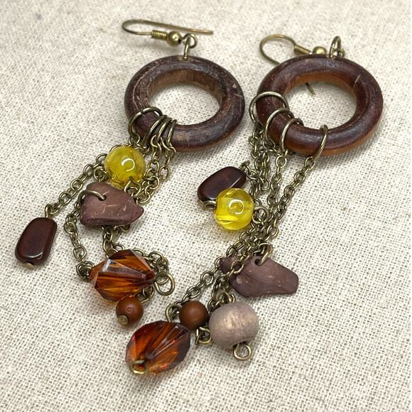 Vintage Boho Wooden Dangle Earrings with Chains and Beads - Picture 1 of 6